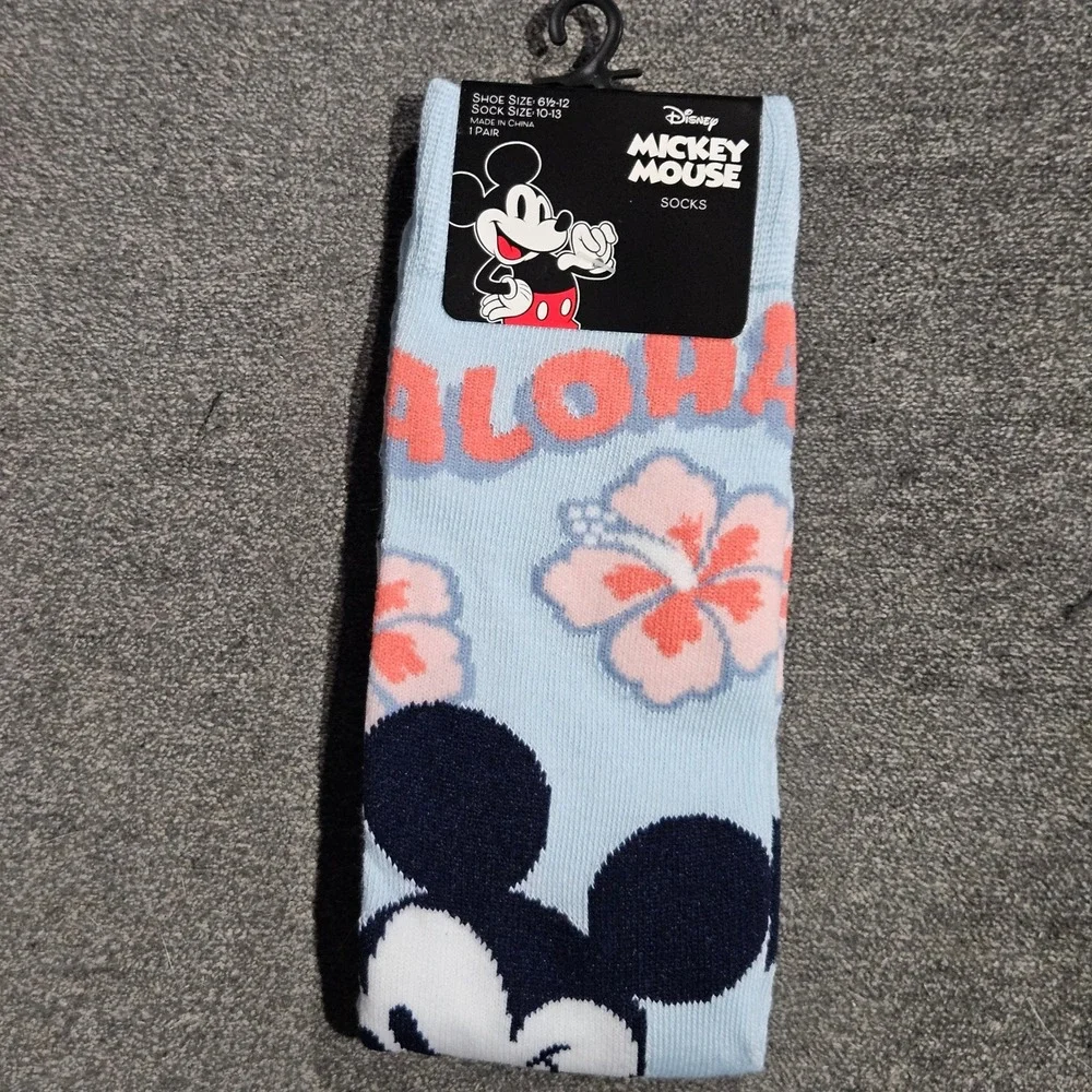 Disney Mickey Mouse Aloha Tropical Hibiscus Crew Socks Mens Size 6.5-12 Blue NEW